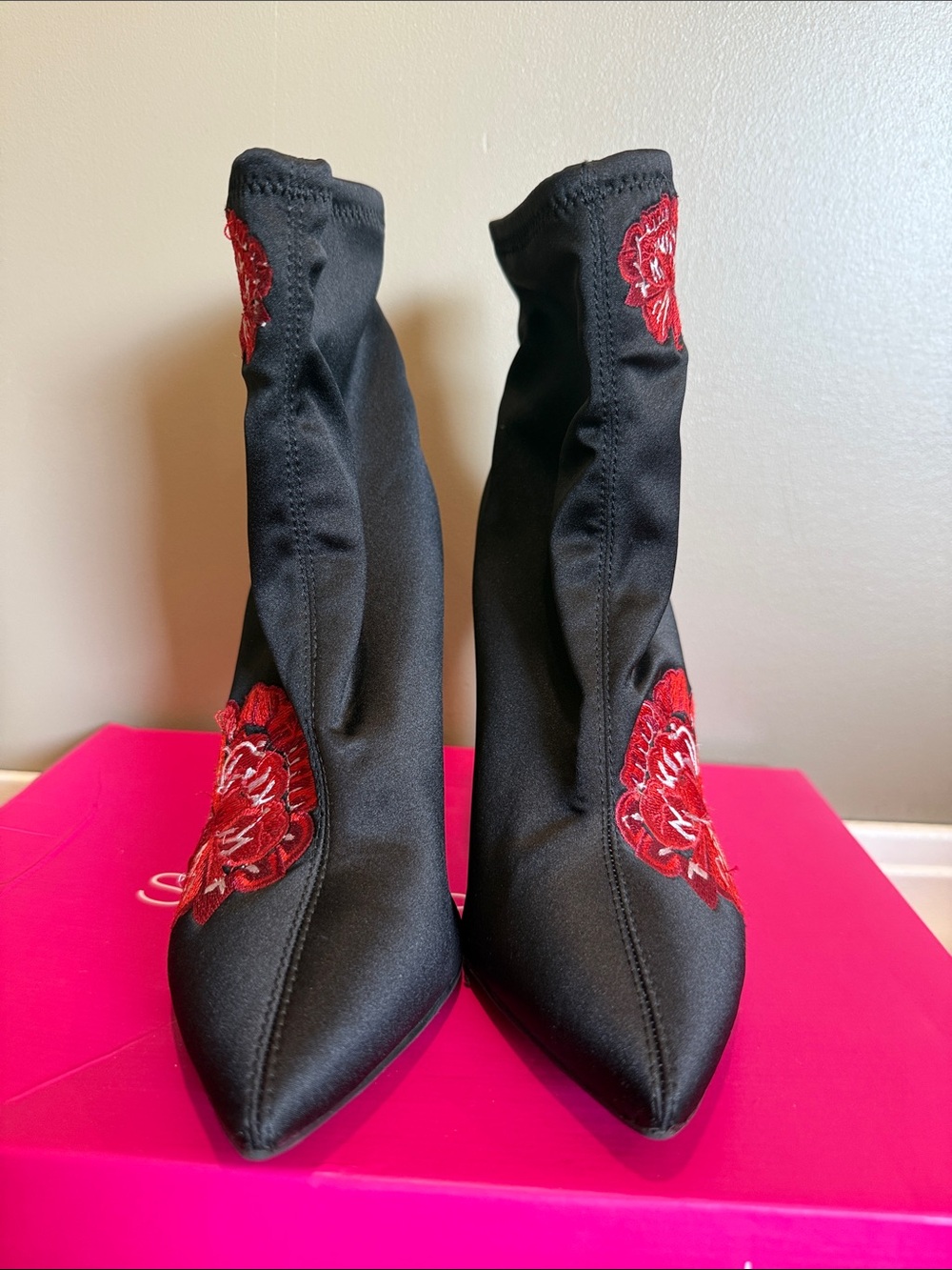 Jessica Simpson Black Pointed Sock Boots with Red Floral Embroidery